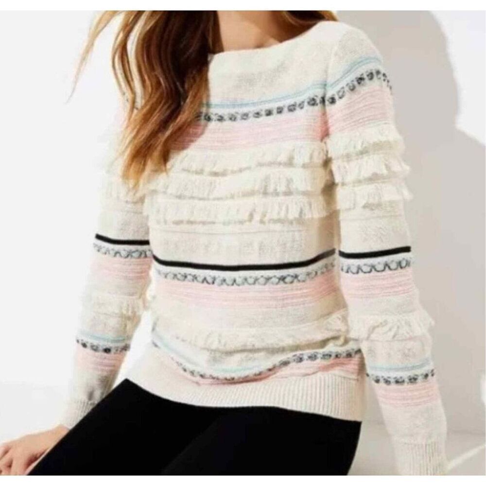 LOFT Cream Boatneck Fringe Pastel Stripe Long Sleeve Knit Sweater size XL